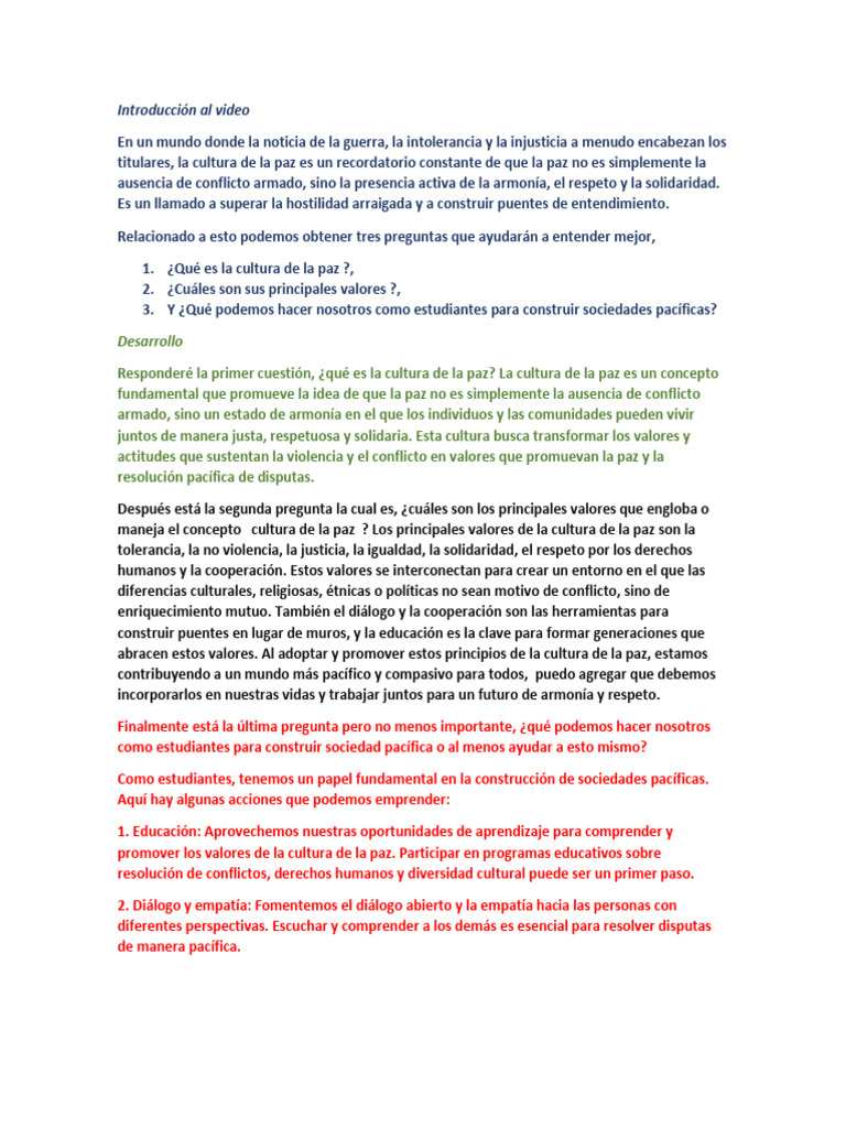 Cultura de Paz: Valores y Acciones Estudiantiles | PDF | Paz | Sociedad