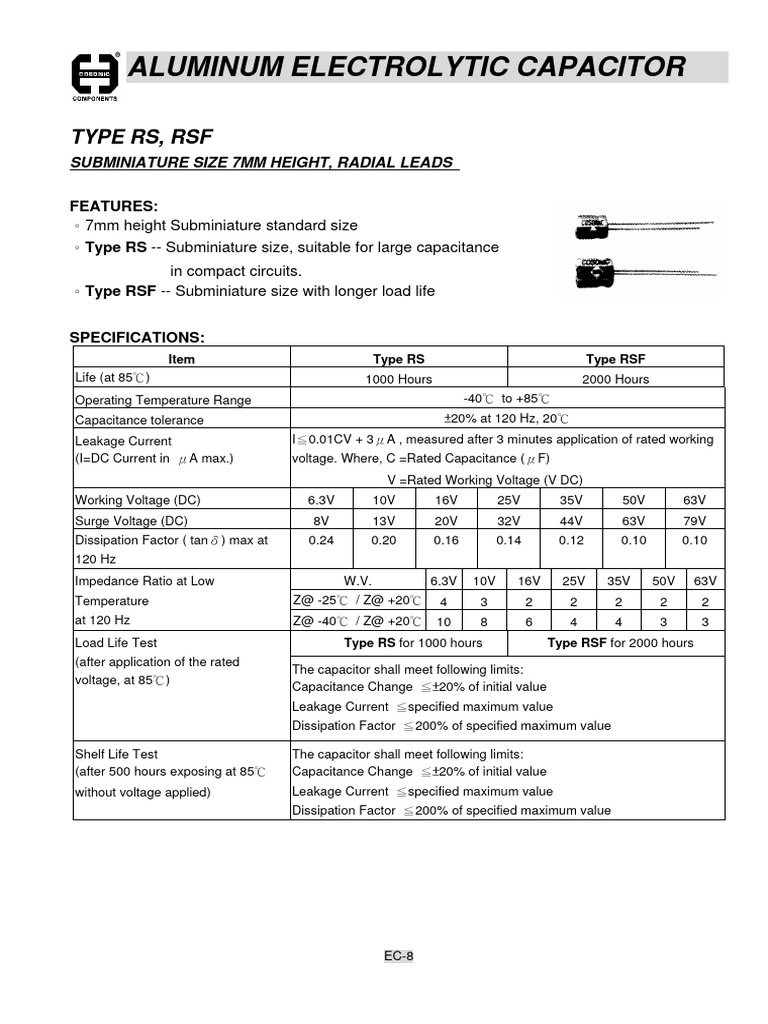 Cosonic (Radial Thru-Hole) RS-RSF Series | PDF | Capacitor | Electrical ...