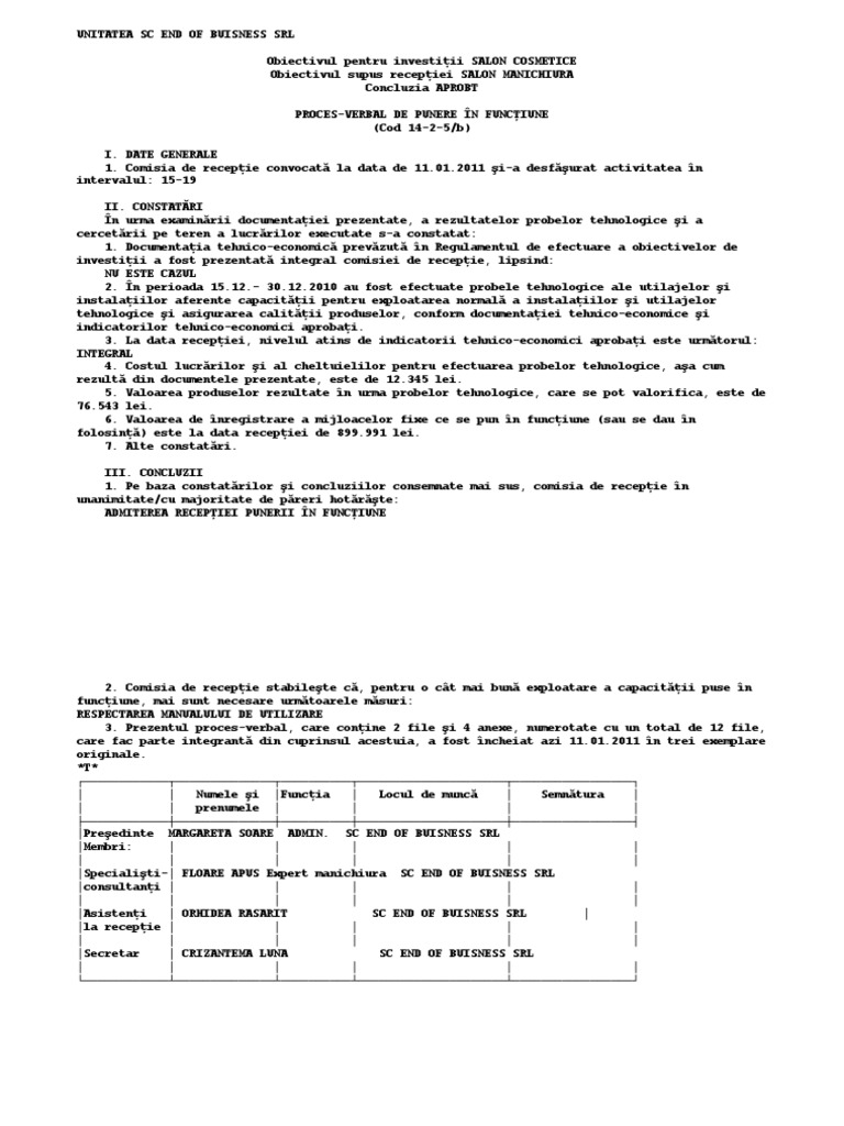 Proces Verbal De Punere In Functiune