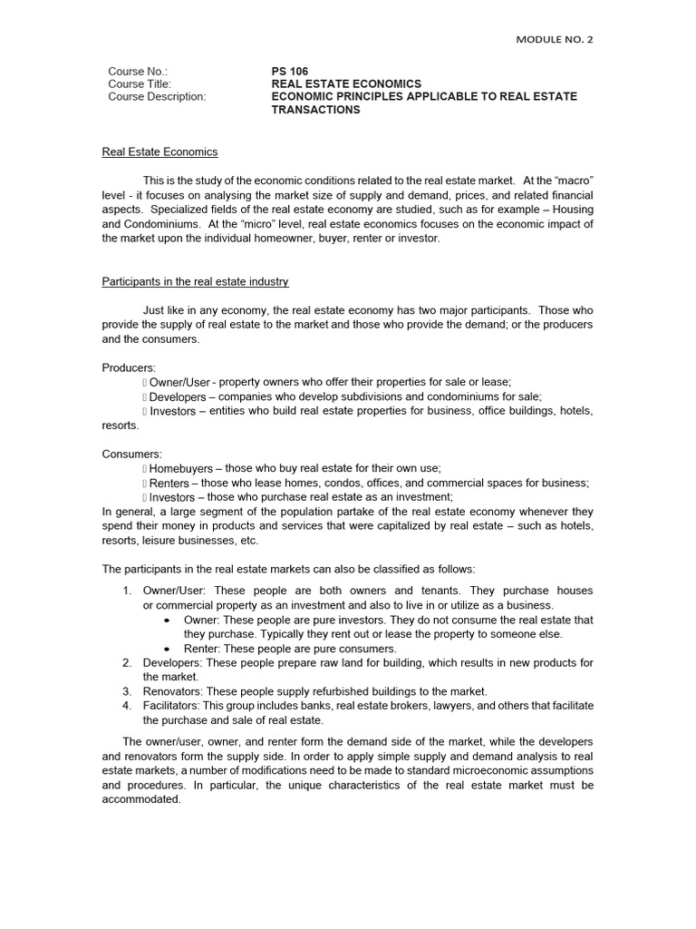 Real Estate Economics Overview | PDF | Market (Economics) | Condominium