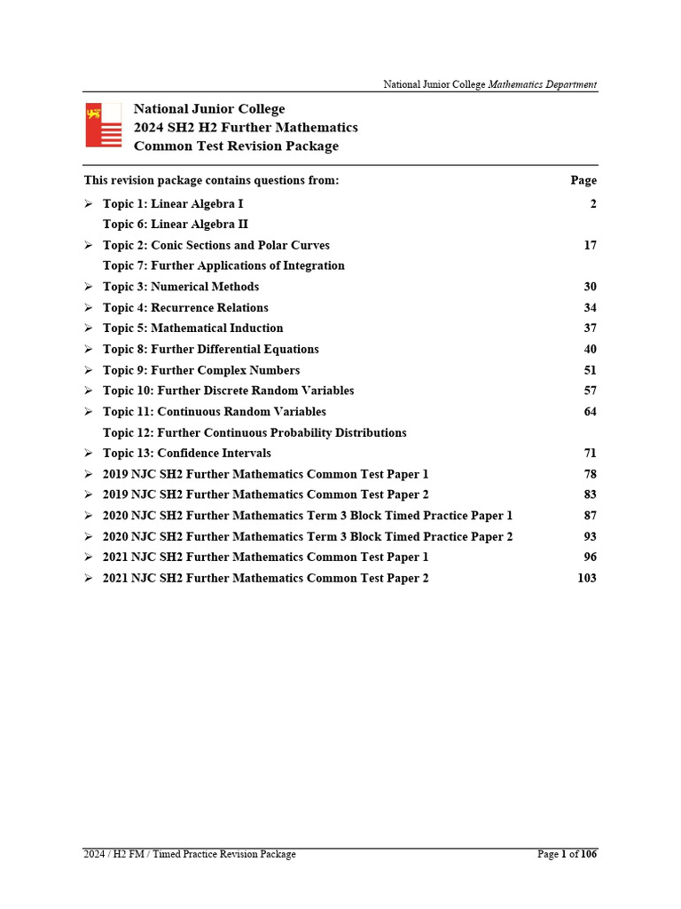 NJC H2 Further Math Revision Package | PDF | Eigenvalues And ...
