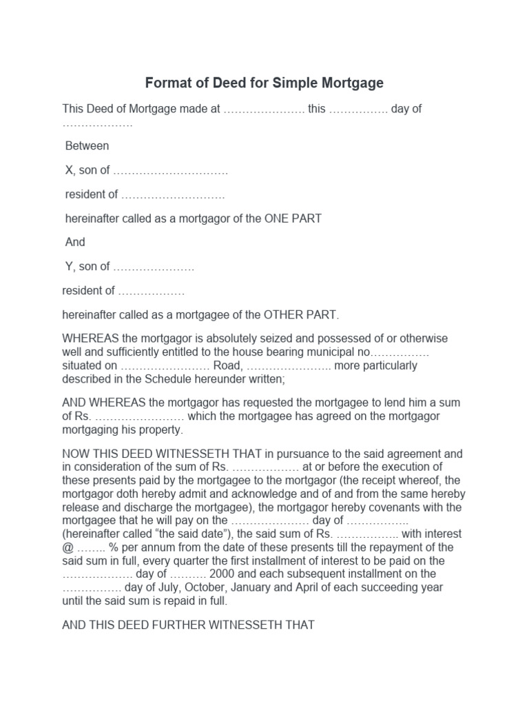 Simple Mortgage Deed Format Sample | PDF | Mortgage Law | Contract Law