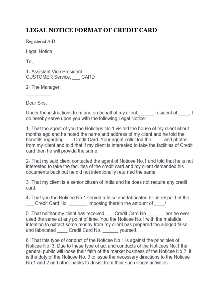 SBI Credit Card Legal Notice Template | PDF | Common Law | Justice
