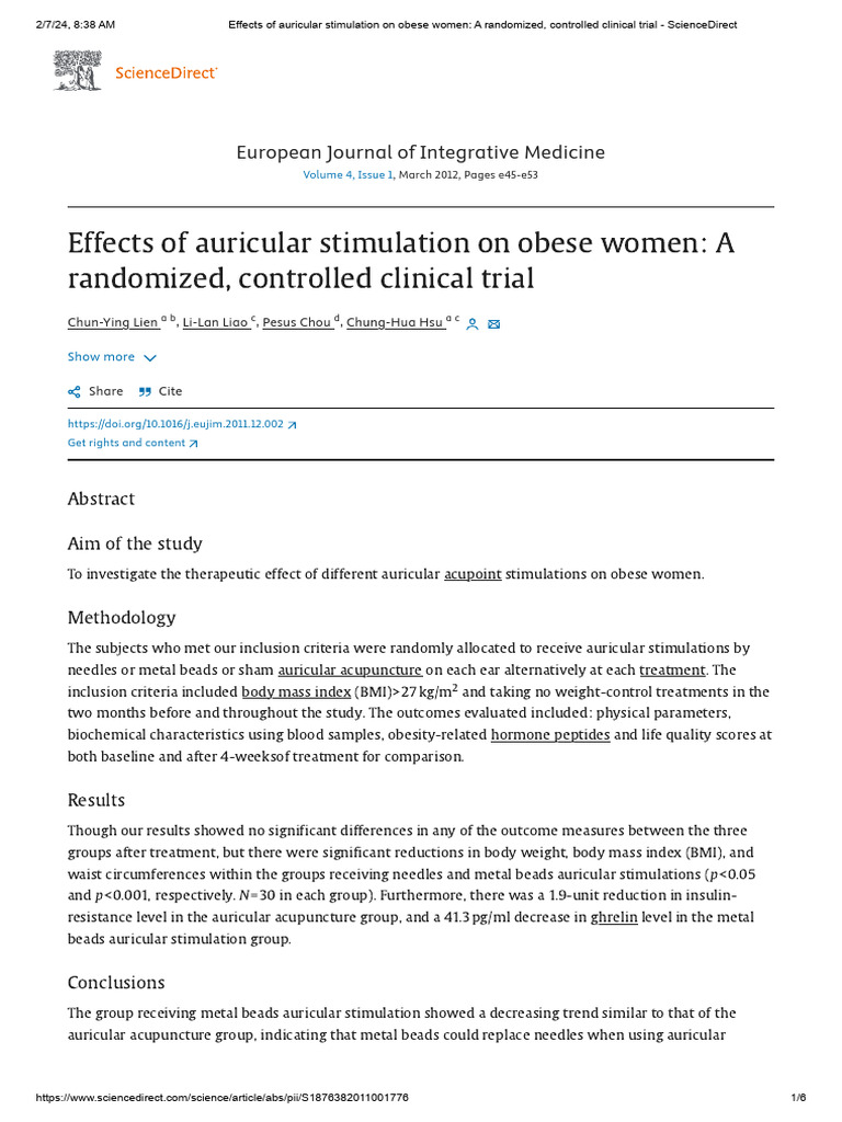Effects of Auricular Stimulation On Obese Women A Randomized