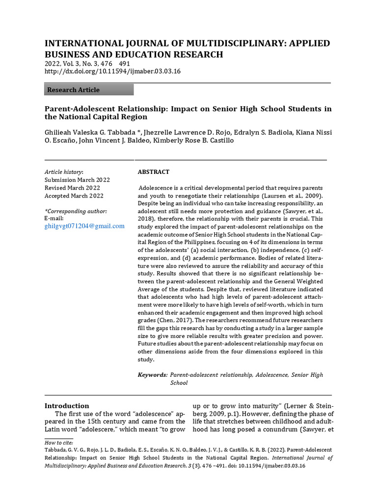 Parent-Adolescent Relationship Impact on Students | PDF | Survey ...