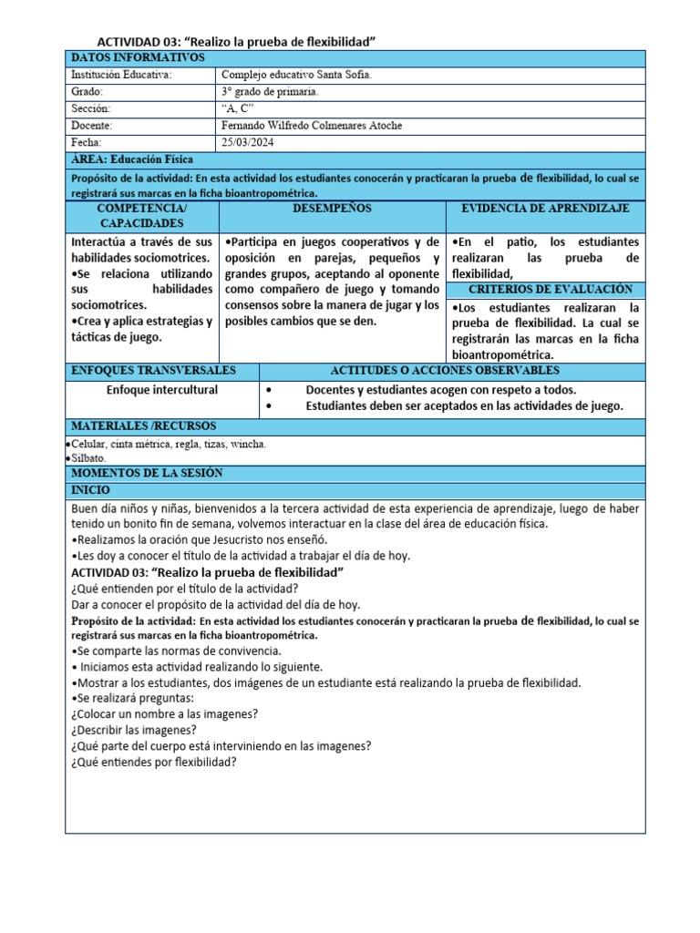 Actividad 03 3 Grado De Primaria E F Pdf Aprendizaje Maestros