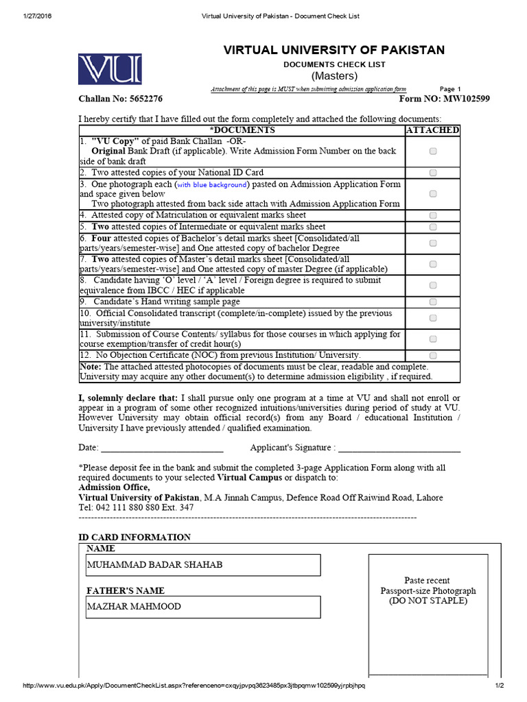 Virtual university of pakistan document check list mit pdf