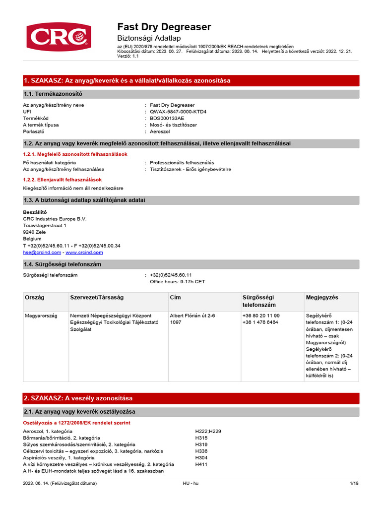 CRC Fast Dry Degreaser Aerosol MSDS (HUN) PDF