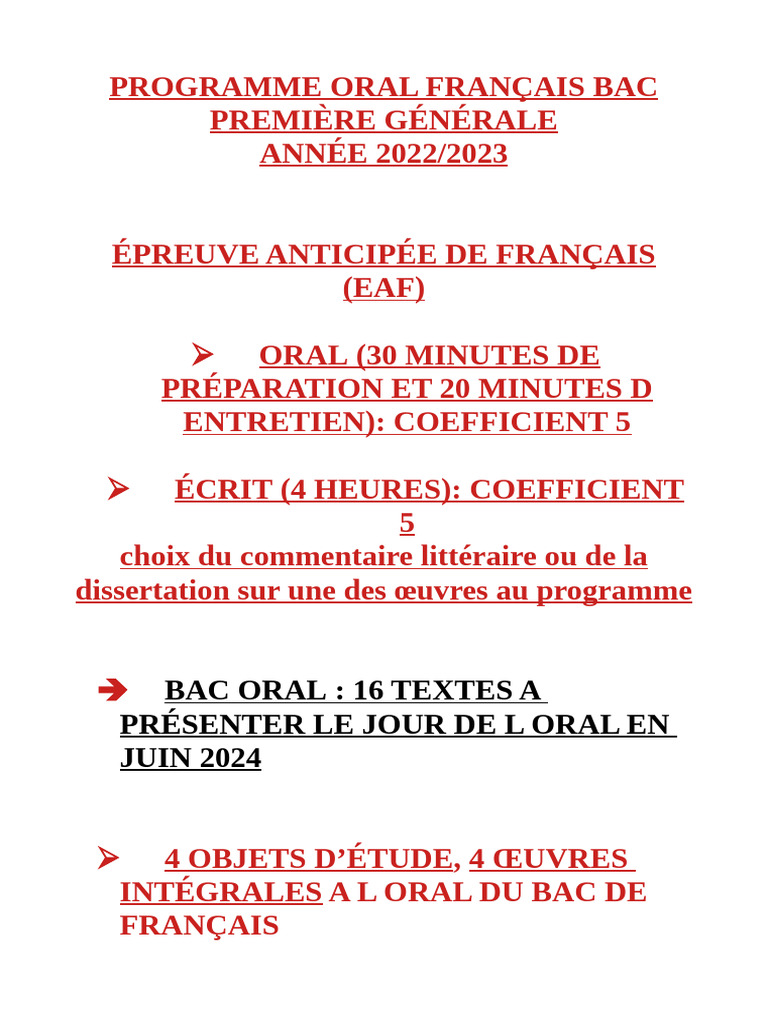 Programme Oral Français Bac 2024 | PDF | Littérature française