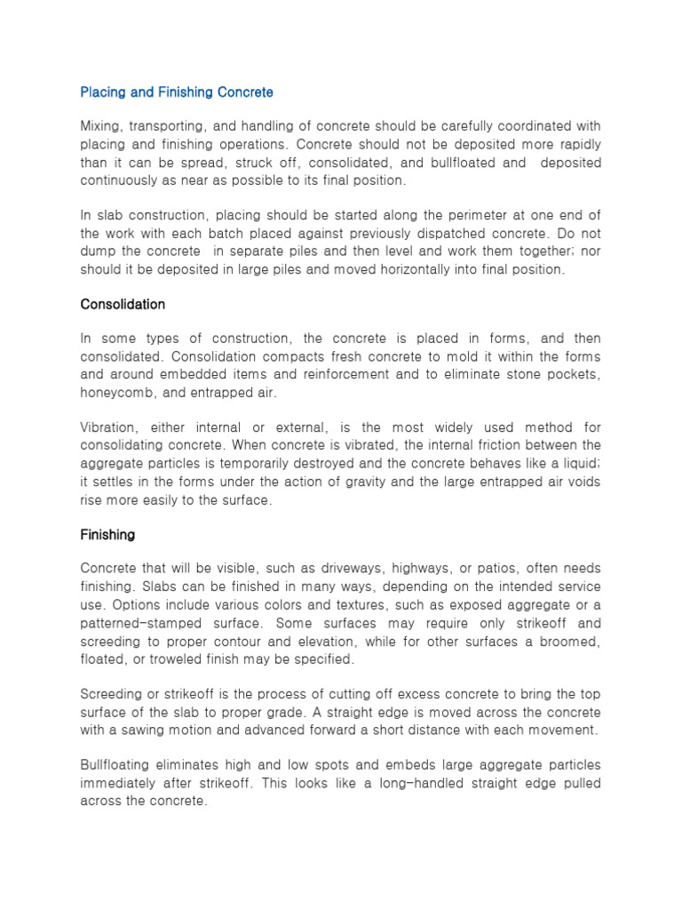 Concrete Placement and Finishing Guide | PDF | Concrete | Cement