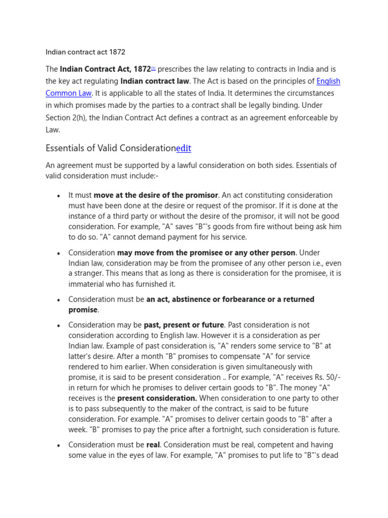 Essentials of valid consideration english common law pdf breach of