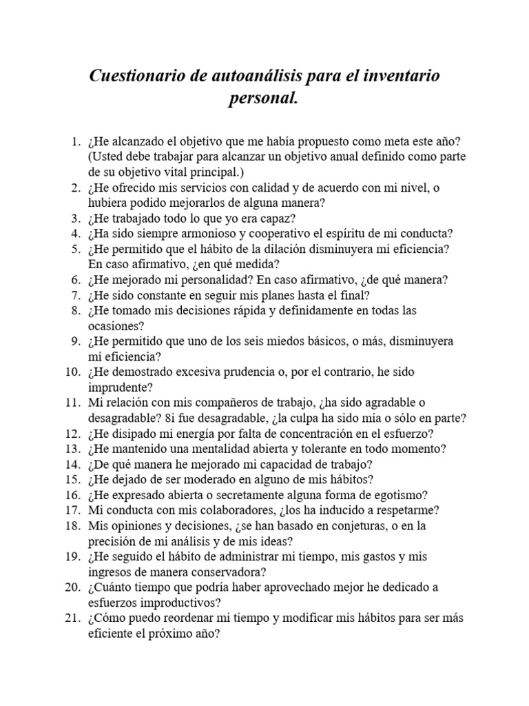 Cuestionario de Autoanálisis Personal | PDF | Crecimiento personal y ...
