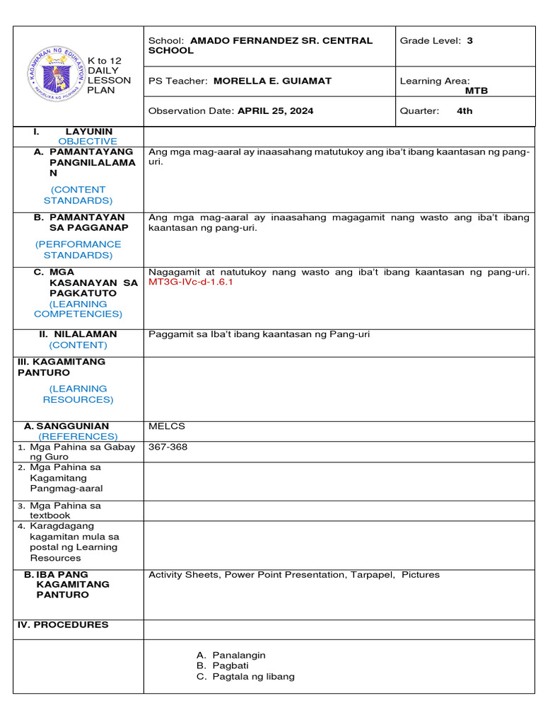MTB Lesson Plan | PDF
