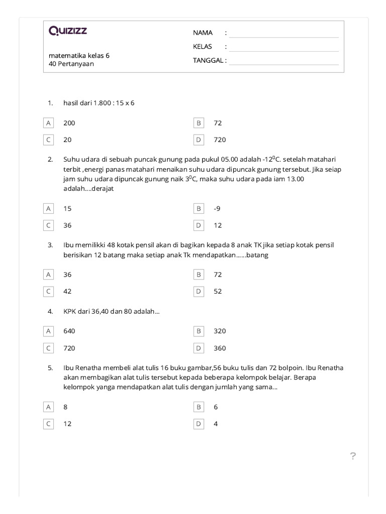 Soal Matematika Kelas 6 Pdf