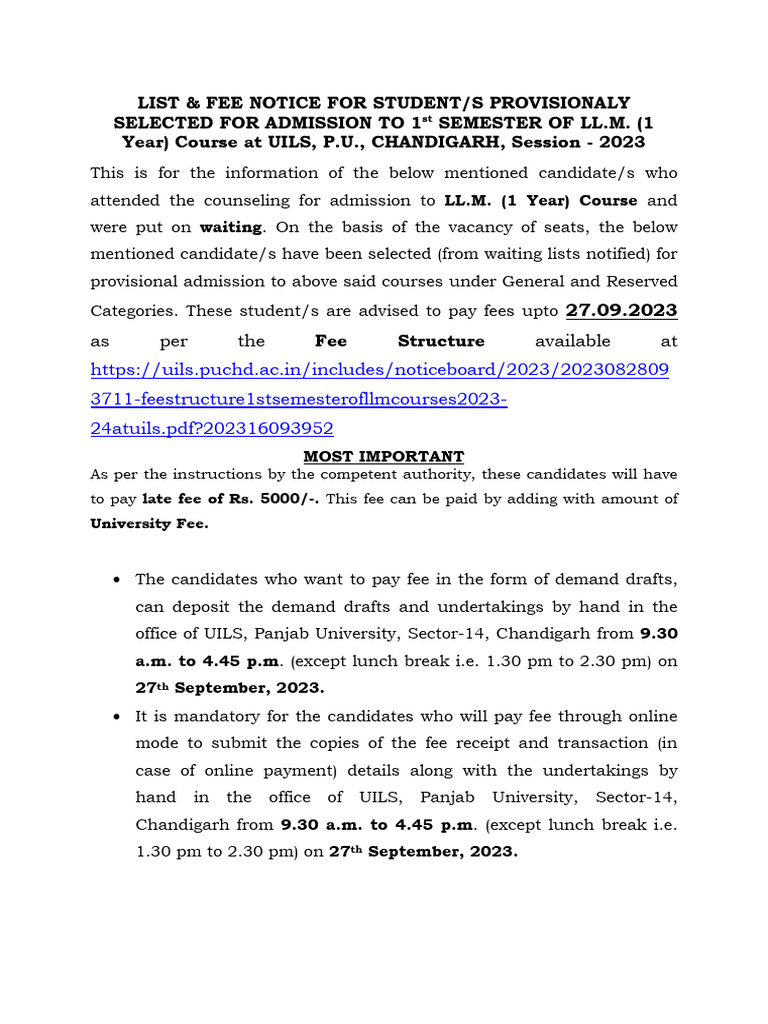 LL.M. 1st Semester Admission Notice | PDF | Fee | Payments