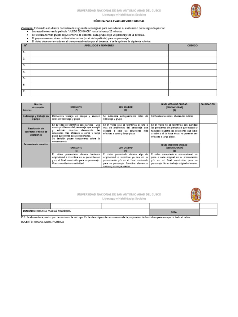 Rubrica 2da Parcial | PDF | Liderazgo | Cognición