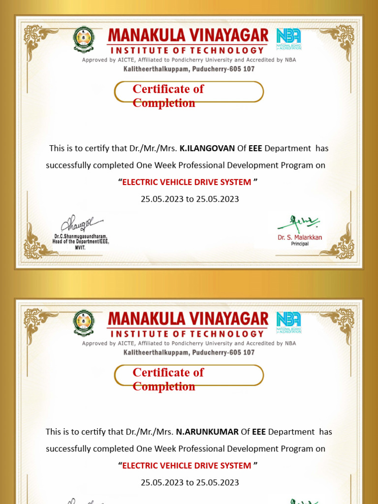 Electric Vehicle Drive System Certificates | PDF