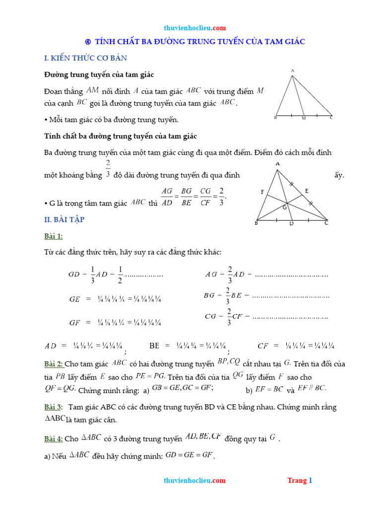 Bai Tap Hinh Hoc 7 Tinh Chat Ba Duong Trung Tuyen Cua Tam Giac | PDF