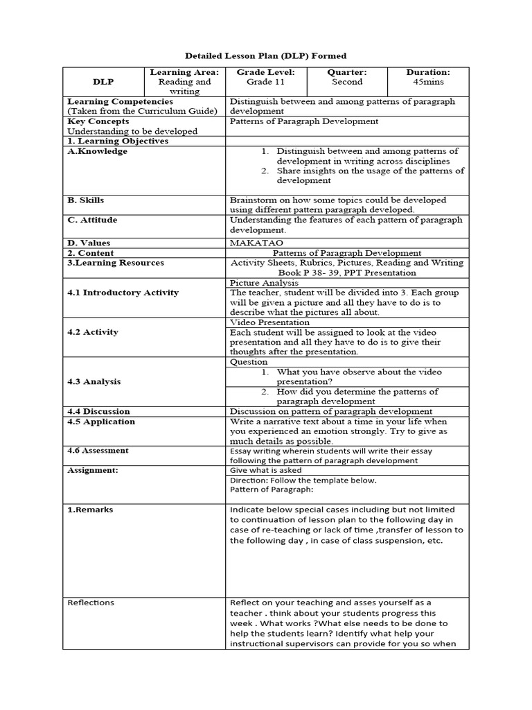 Grade 11 Reading Lesson Plan: Paragraph Development | PDF | Lesson Plan ...