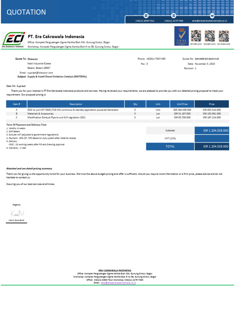 Quotation for Diesel Oxidation Catalyst | PDF | Screw | Pipe (Fluid ...