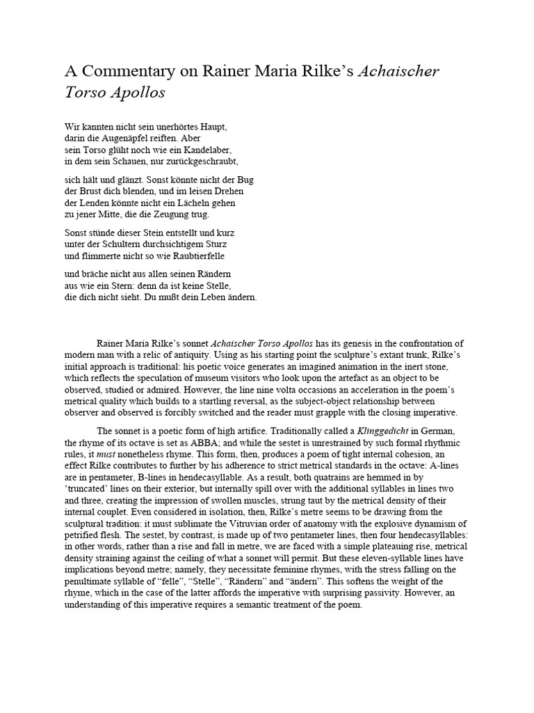 Rilke's Achaischer Torso Analysis | PDF | Metre (Poetry) | Poetry