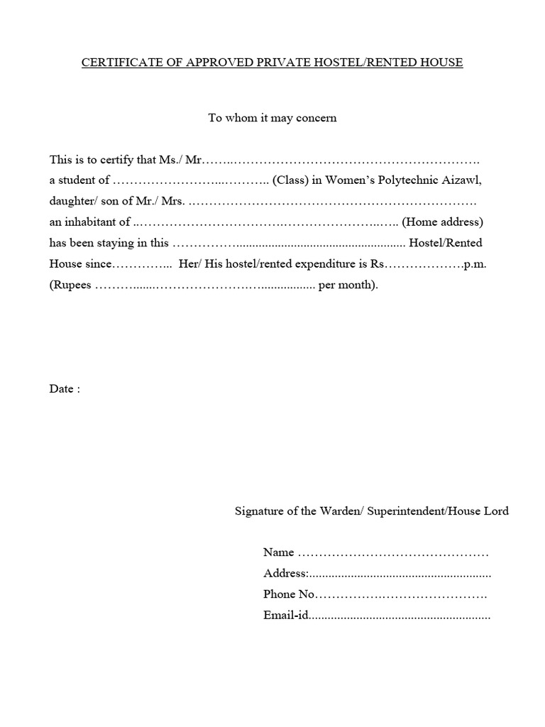 Private Hostel Certificate Template | PDF