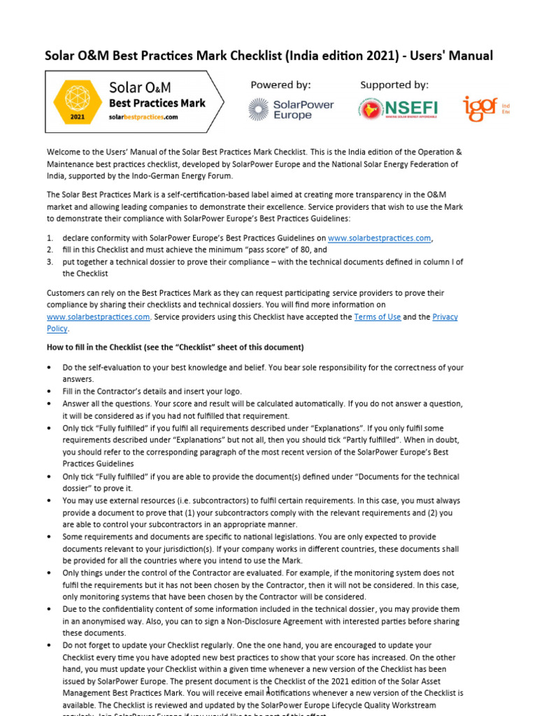 Solar O&M Best Practices Checklist 2021 | PDF | Disaster Recovery ...