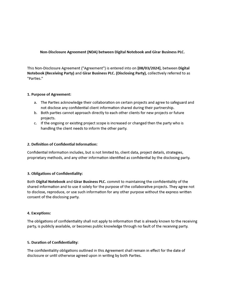 NDA Between Digital Notebook & Girar PLC | PDF | Non Disclosure ...