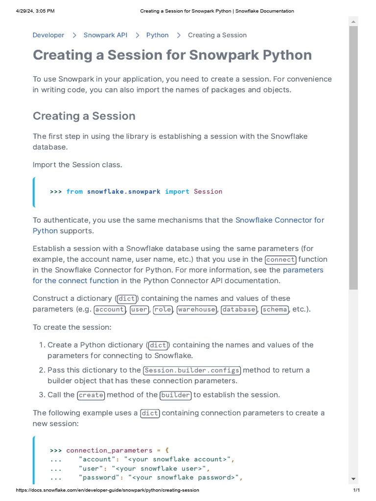 Creating a Session for Snowpark Python _ Snowflake Documentation | PDF