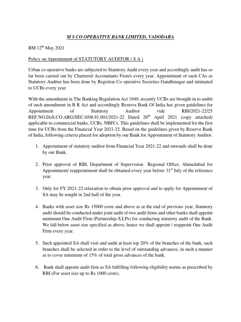 Appointment of Statutory Auditor | PDF | Audit | Reserve Bank Of India