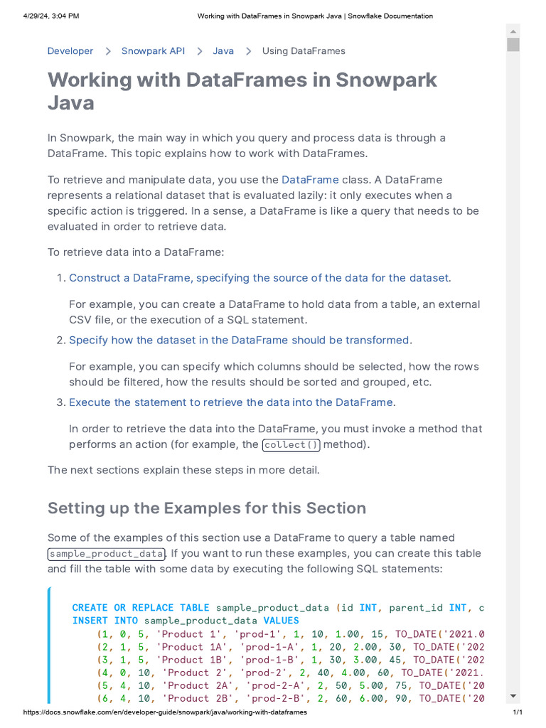 Working With DataFrames in Snowpark Java Snowflake Documentation Download Free PDF