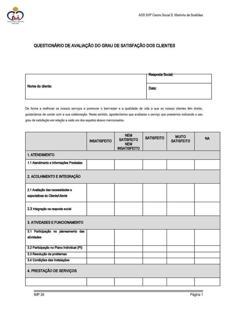 Questionário De Avaliação Do Grau De Satisfação Dos Clientes Pdf