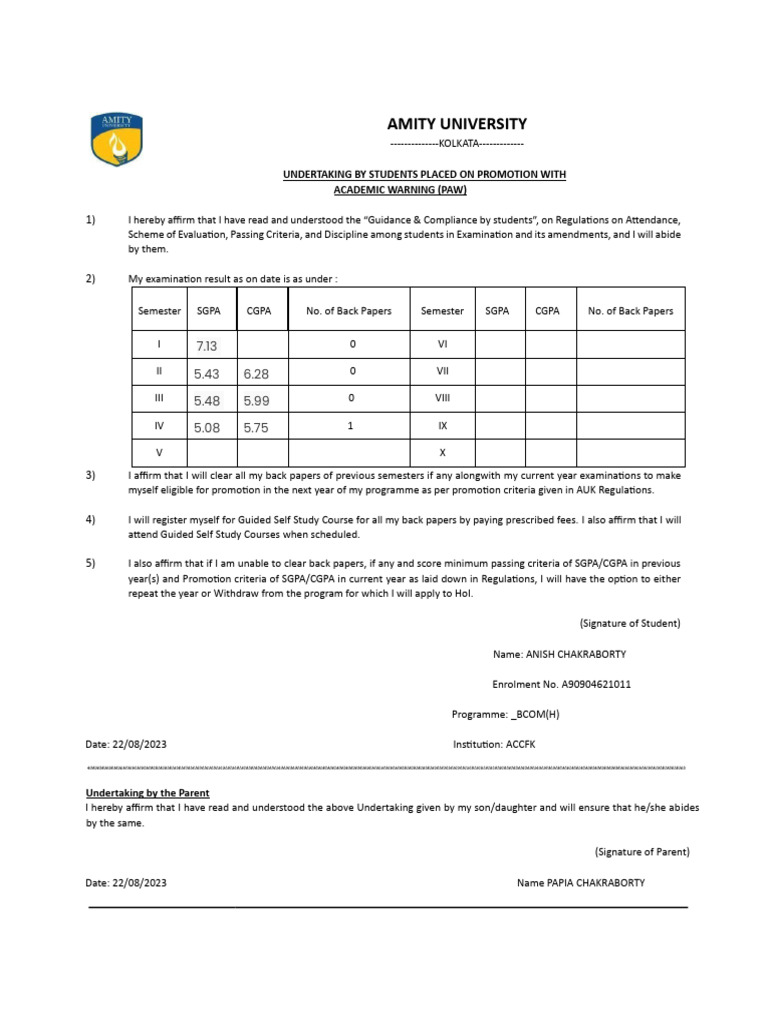 Student Promotion Undertaking Form | PDF