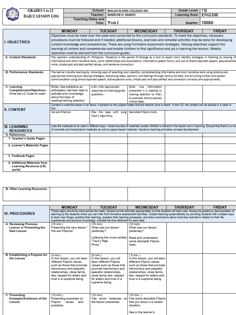 DLL Grade 7 English | PDF | Learning | Knowledge