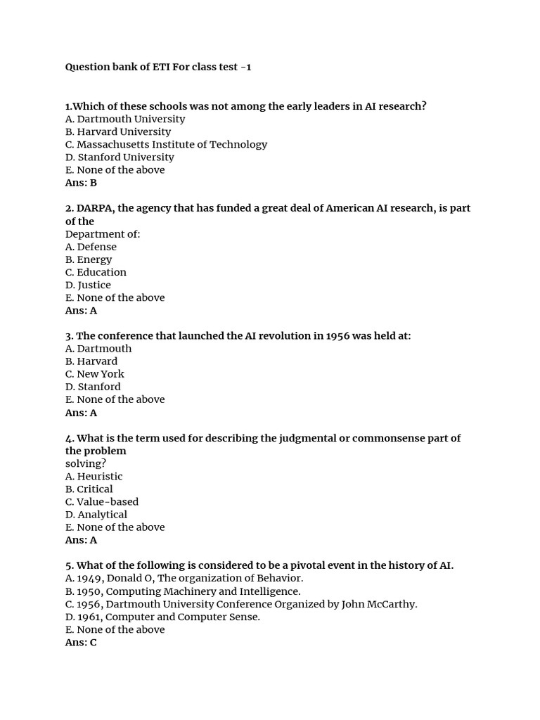 ETI Class Test Question Bank on AI | PDF | Artificial Intelligence ...