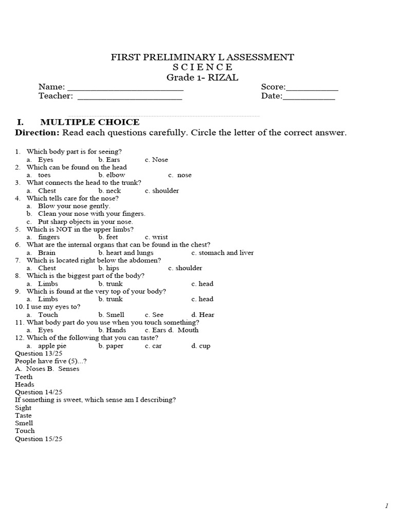 Grade 1 Science 1st Quarter Exam | PDF | Senses | Thorax