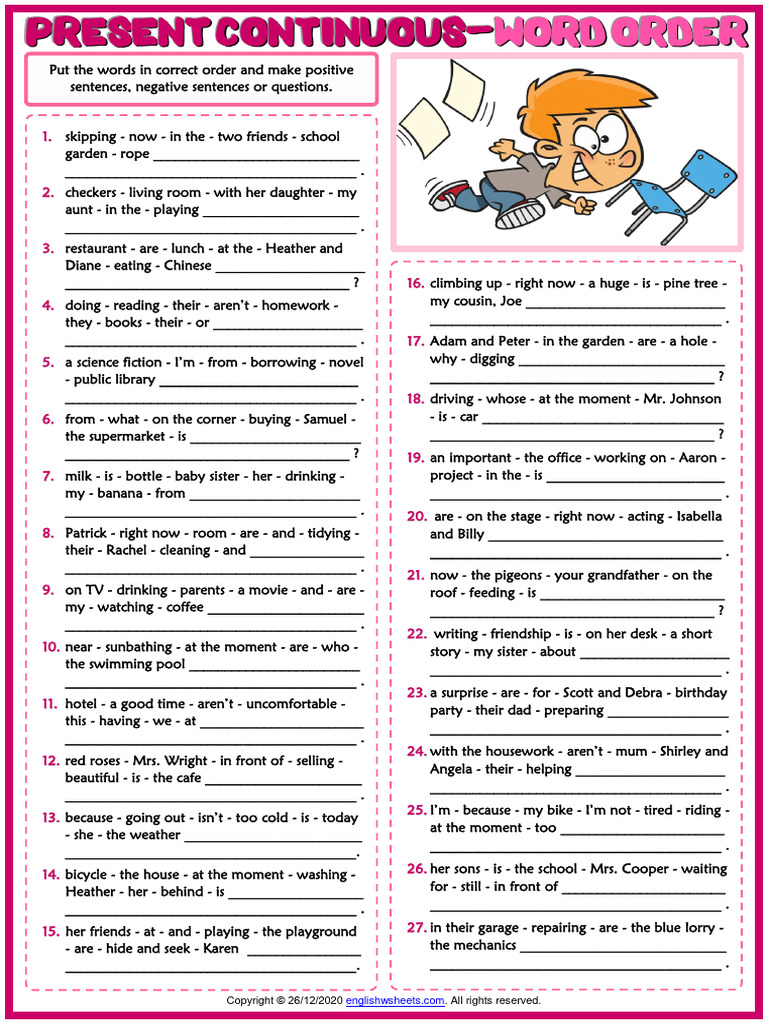 Present Continuous Tense Esl Printable Word Order Exercise Worksheet | PDF