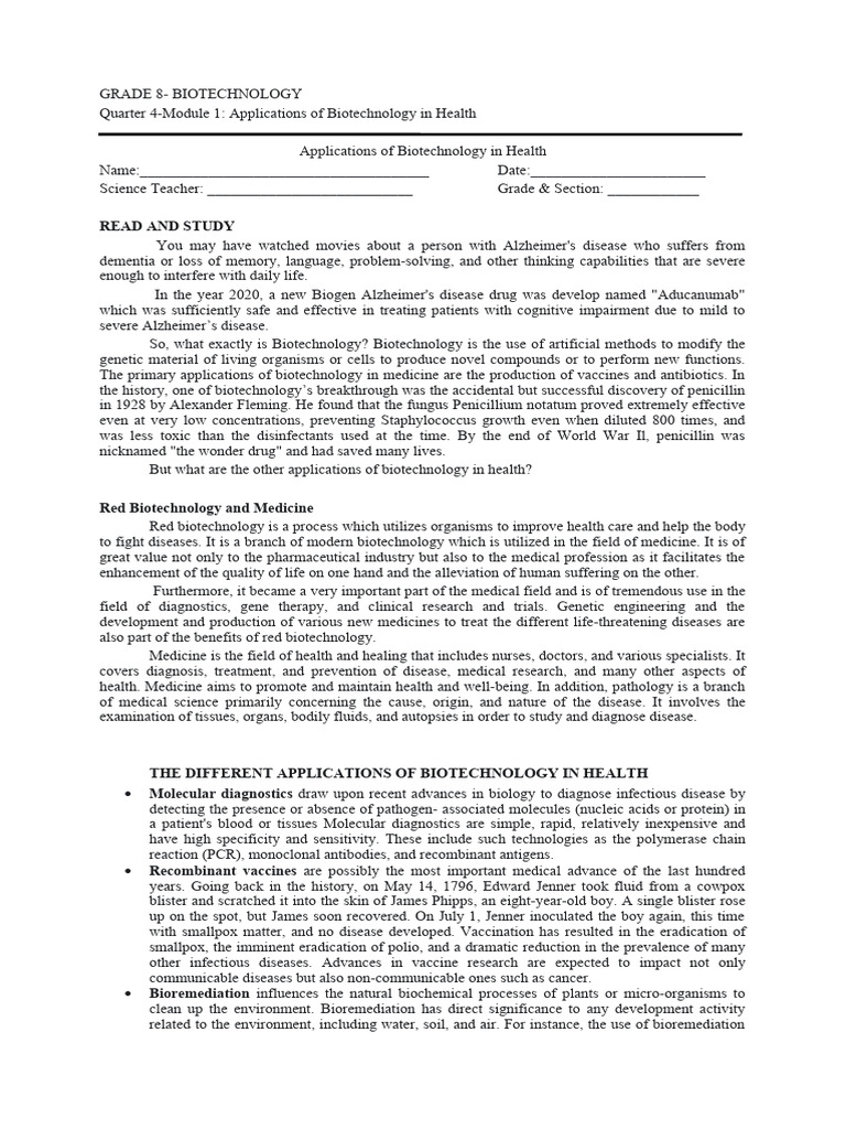 Biotechnology Applications in Health | PDF | Biotechnology | Gene
