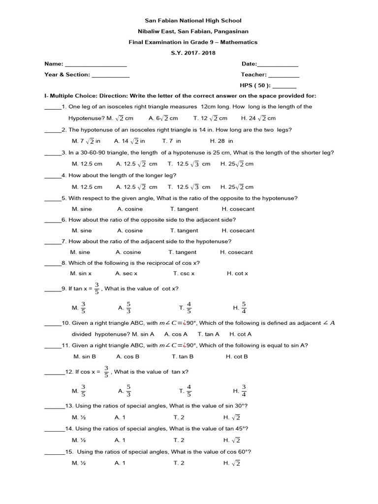 Grade 9 Math Final Exam Review | PDF | Trigonometric Functions | Triangle