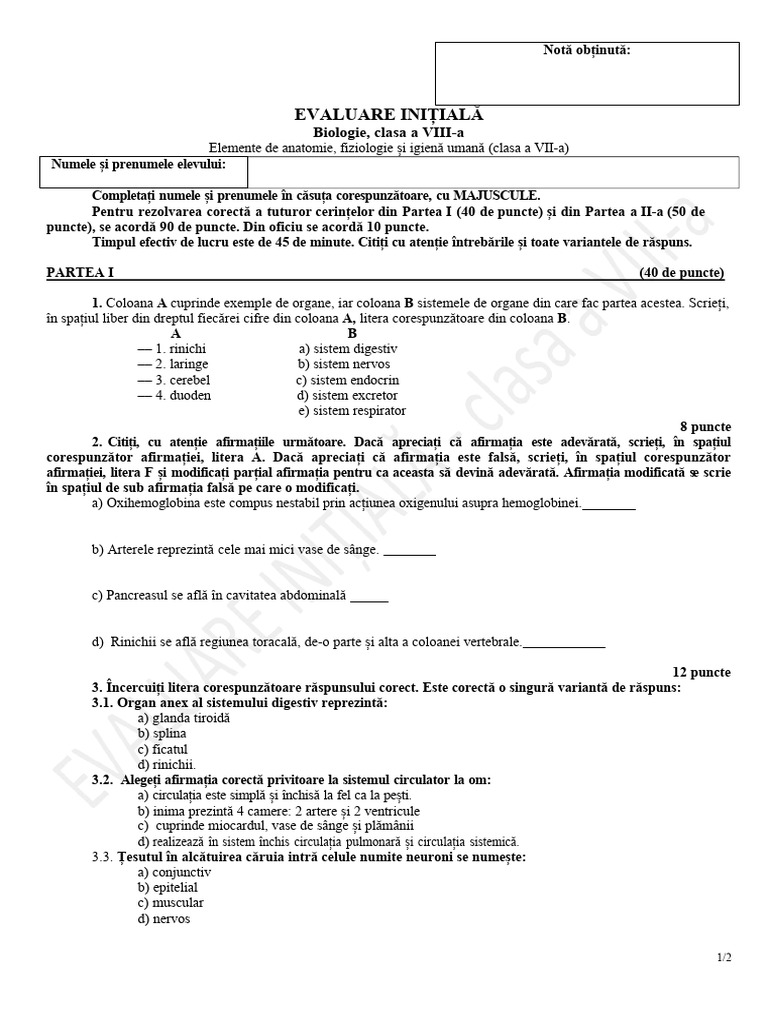 Test Initial Clasa A 8a | PDF