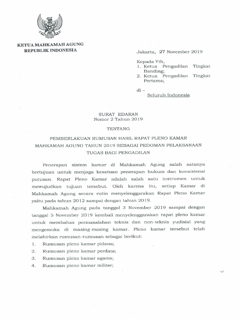 Rumusan Hukum Rapat Pleno Kamar 2019 | PDF