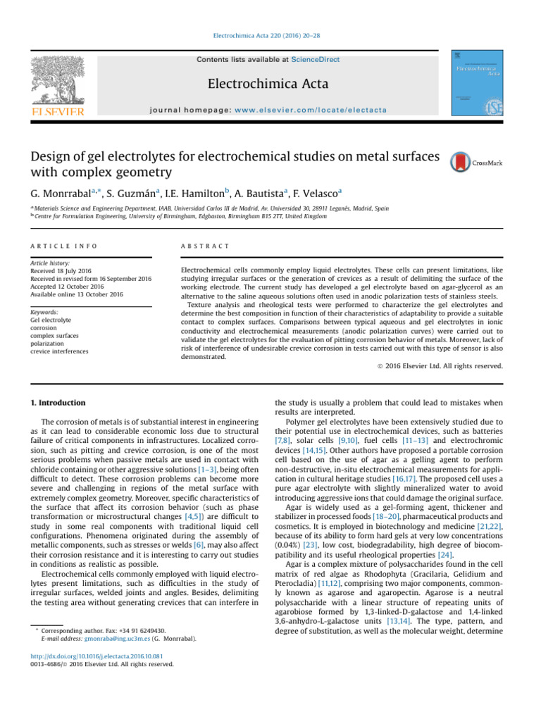 Gel Electrolytes for Complex Metal Surfaces | PDF | Corrosion ...