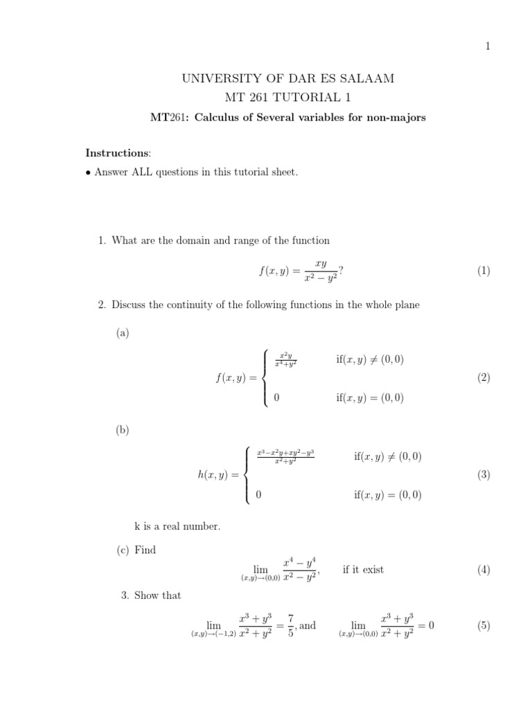 University of Dar Es Salaam MT 261 Tutorial 1 | PDF | Mathematical ...