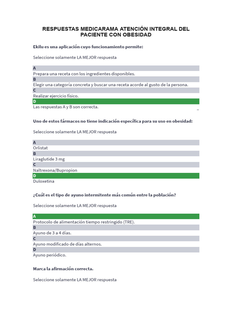 Respuestas Medicarama Atenci n Integral Del Paciente Con Obesidad PDF 