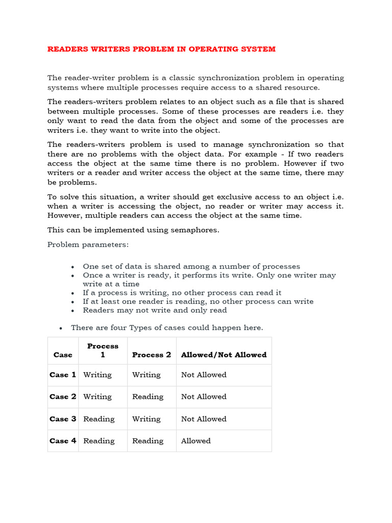 READERS WRITERS PROBLEM IN OPERATING SYSTEM | PDF | Process (Computing ...