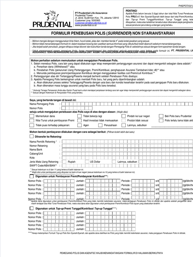 Formulir Penebusan Polis Prudential | PDF