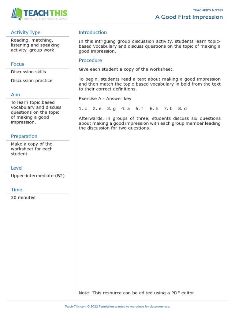 Making a Good First Impression Activity | PDF | Body Language | Learning