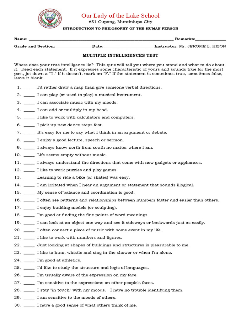 Multiple Intelligences Assessment Quiz | PDF | Cognition | Cognitive ...