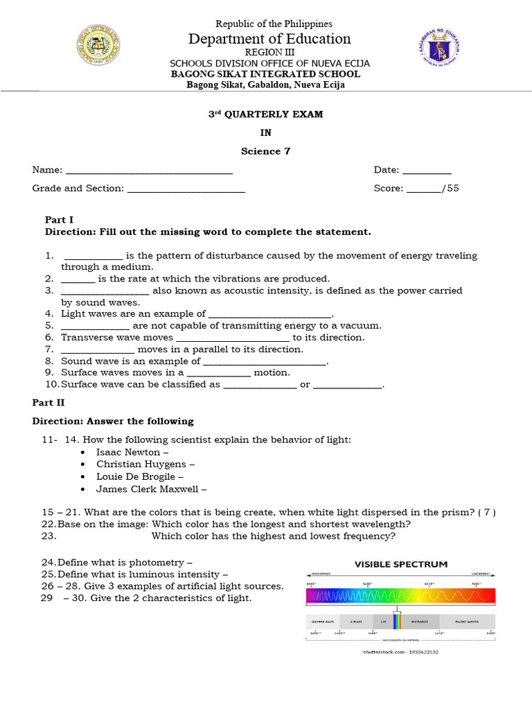 Periodical Test - 3rd Quarter Science 7 | PDF | Light | Waves