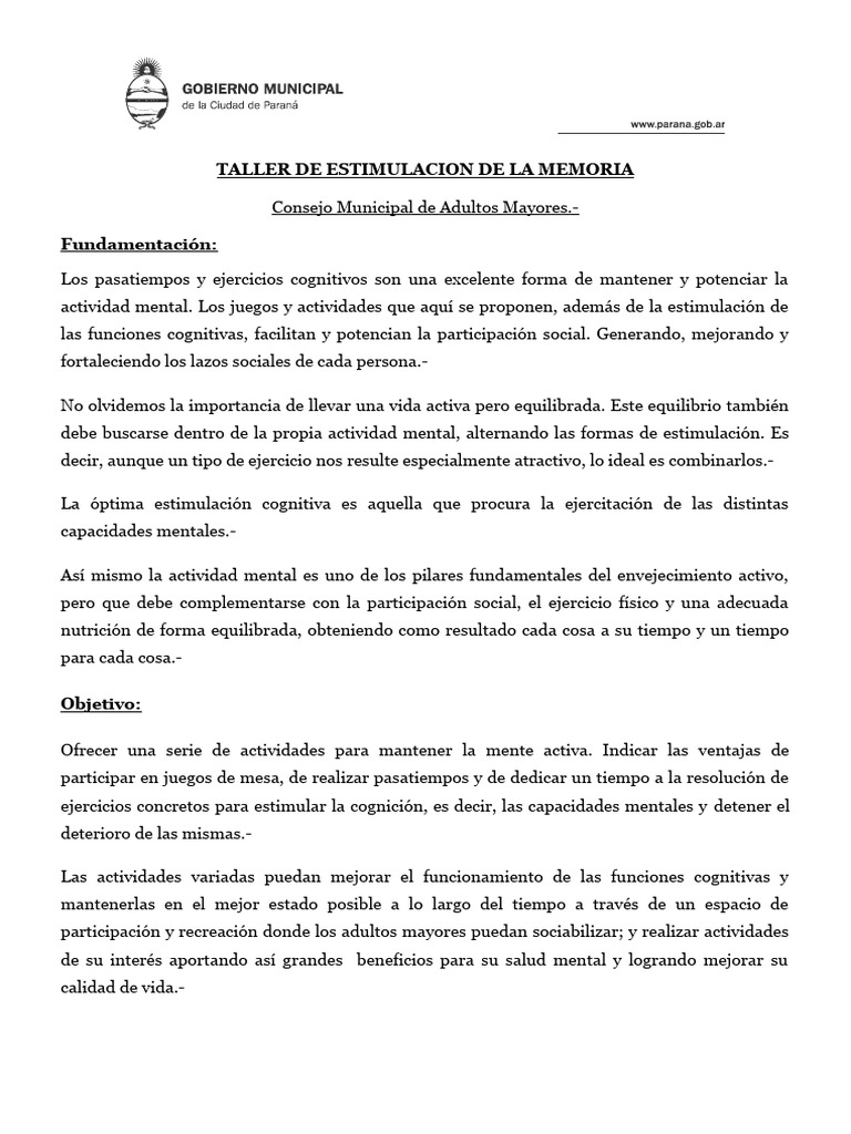Taller de Memoria para Adultos Mayores | PDF